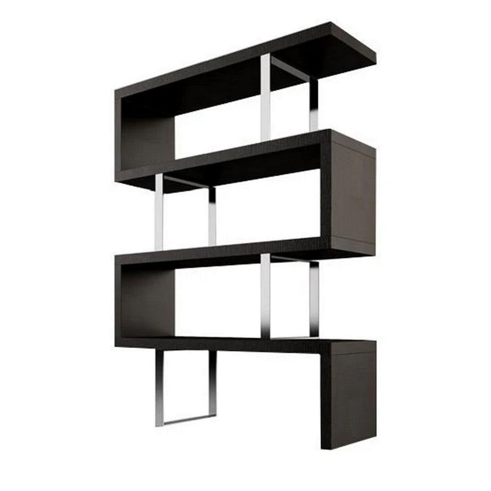 Jue 72 Inch Bookshelf, 4 Open Tier Racks, Chrome Metal Frame, Black MDF By Casagear Home