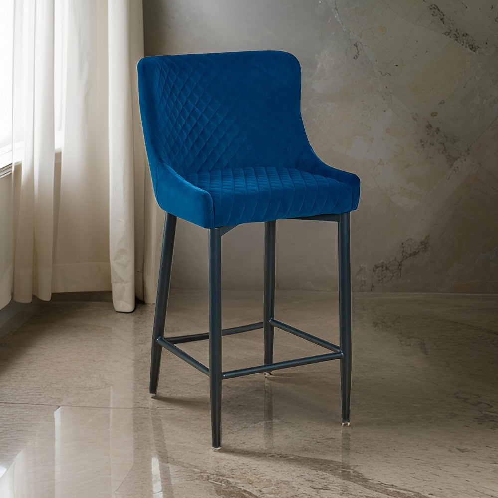 Gen 29 Inch Barstool Chair Set of 2, Diamond Tufted Blue Velvet, Black By Casagear Home