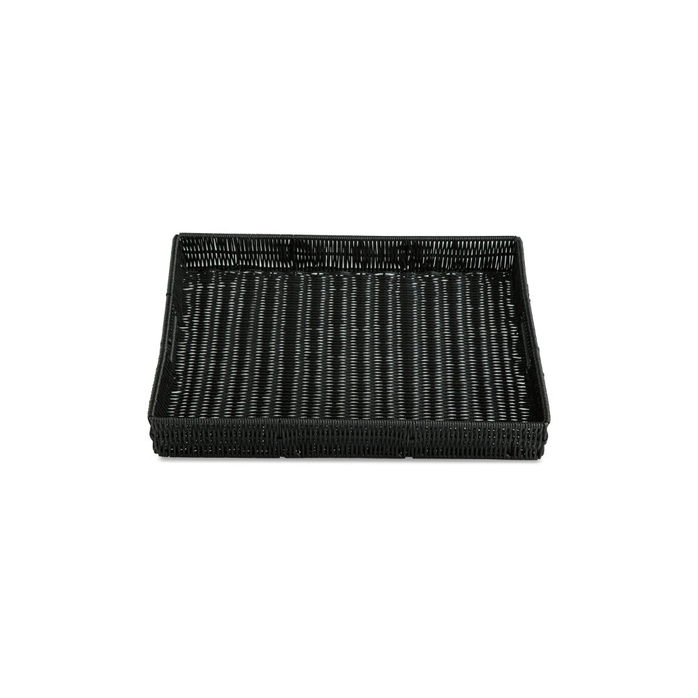 Neya Decorative Serving Tray, Handles, Black Faux Rattan Woven, Metal By Casagear Home