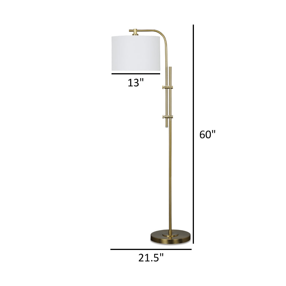 Rhys 60 Inch Floor Lamp Adjustable Arm White Drum Shade Round Brass Metal By Casagear Home BM318306