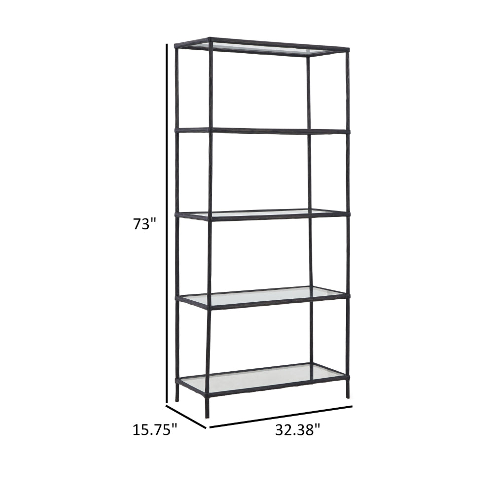 Dalie 73 Inch Bookcase, 5 Tier Open Clear Glass Shelves, Black Aluminum By Casagear Home