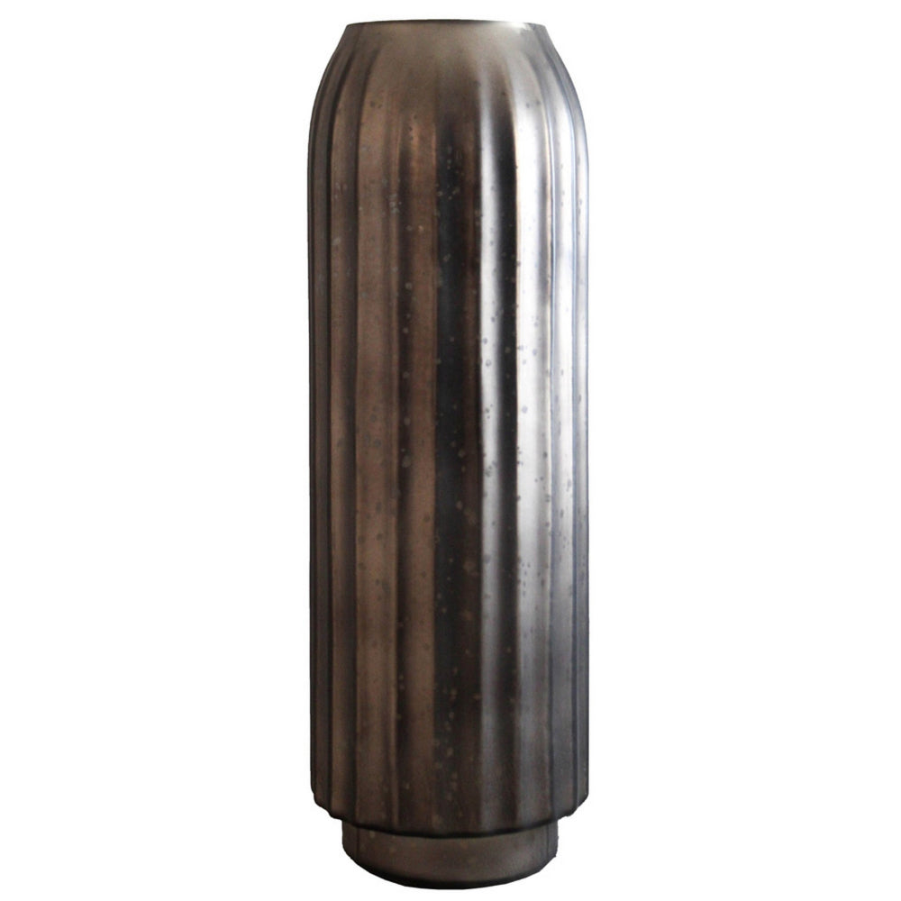 Cali 18 Inch Flower Vase, Round Base, Ribbed Fluted Brown Mercury Glass By Casagear Home