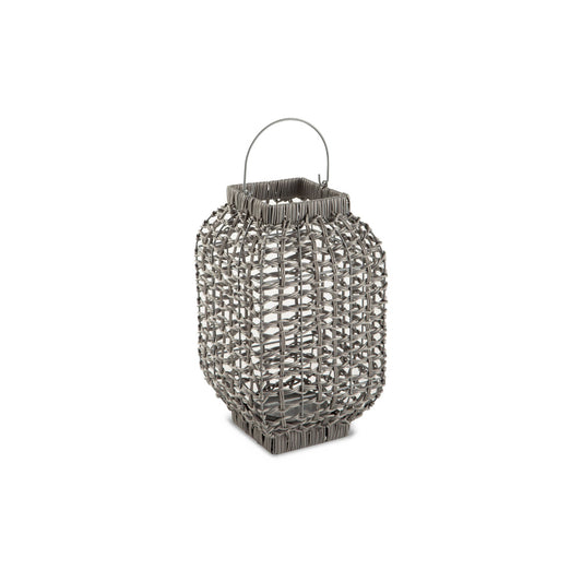 Neya Lantern, Indoor Outdoor Candle Holder, Bohemian Gray Faux Rattan Woven By Casagear Home