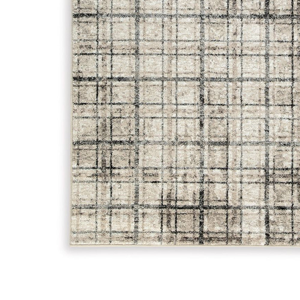 Jess 8 x 10 Area Rug, Soft Pile, Cream, Brown Plaid Stripes, Latex Back By Casagear Home
