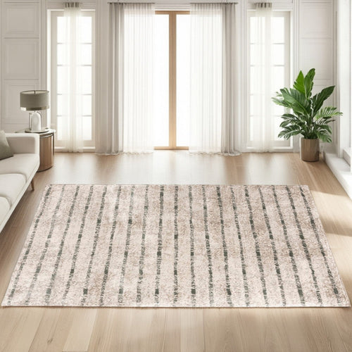 Ashley Bony 8 x 10 Area Rug, Stripe Design Cream and Sage Soft Pile