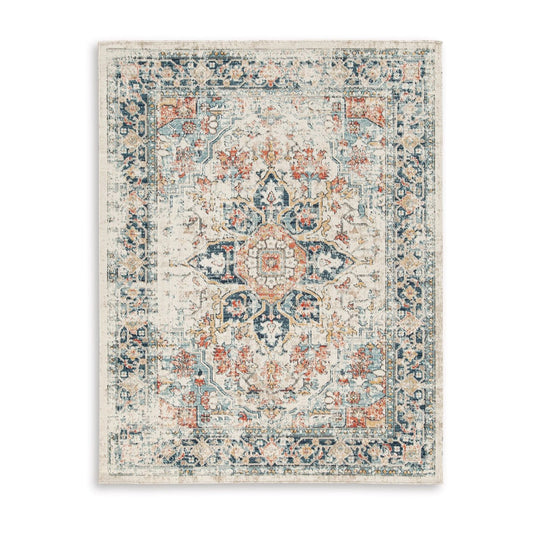 Jerry 8 x 10 Area Rug, Indoor Outdoor, Medallion, Polyester, Ivory Orange By Casagear Home