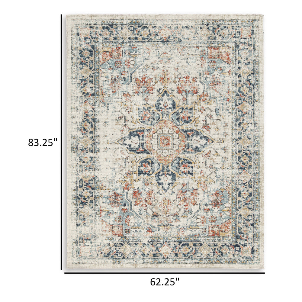 Jerry 5 x 7 Area Rug, Indoor Outdoor, Medallion, Polyester, Ivory Orange By Casagear Home