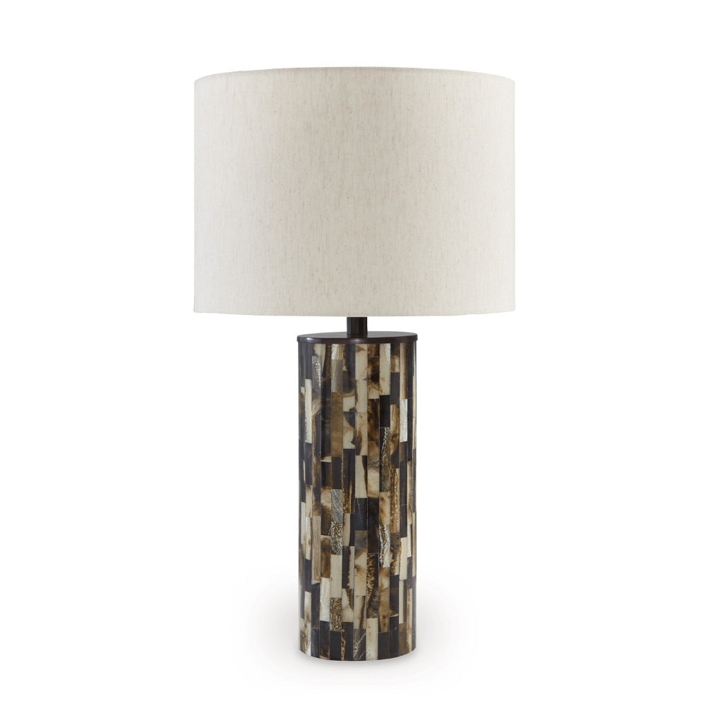 Foer 27 Inch Table Lamp, Cream Drum Fabric Shade, Black Brown Resin Base By Casagear Home