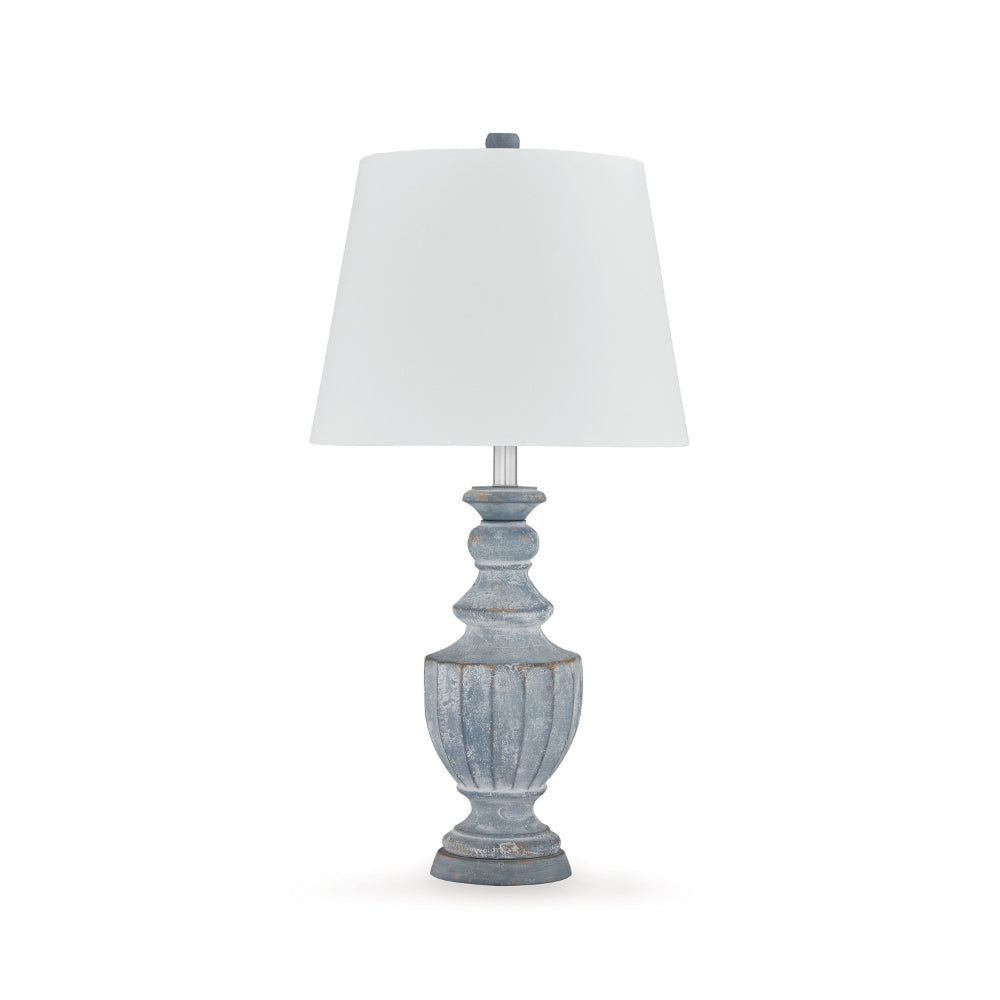 Rick 32 Inch Table Lamp, White Empire Fabric Shade, Turned Blue Terracotta By Casagear Home