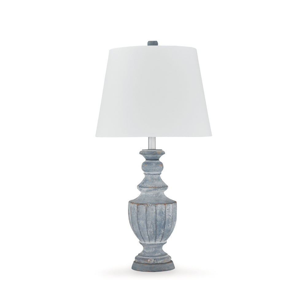 Rick 32 Inch Table Lamp, White Empire Fabric Shade, Turned Blue Terracotta By Casagear Home