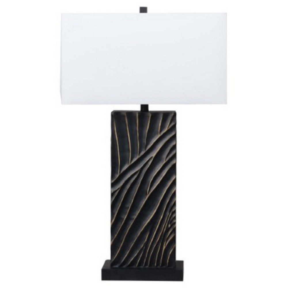 Len Table Lamp, White Rectangular Shade, Unique Lined Design Black Pedestal By Casagear Home