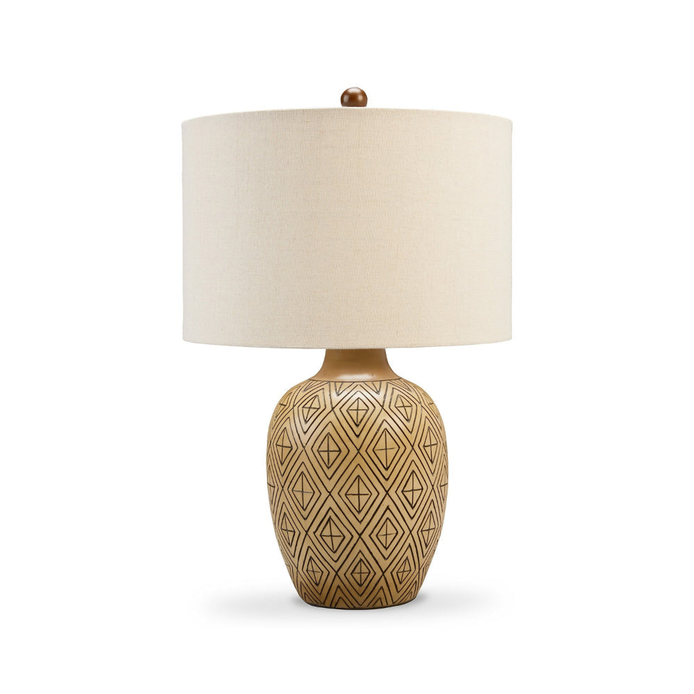 Gee 23 Inch Table Lamp Set of 2, Ivory Drum Shade, Tan Geometric Pot Base By Casagear Home