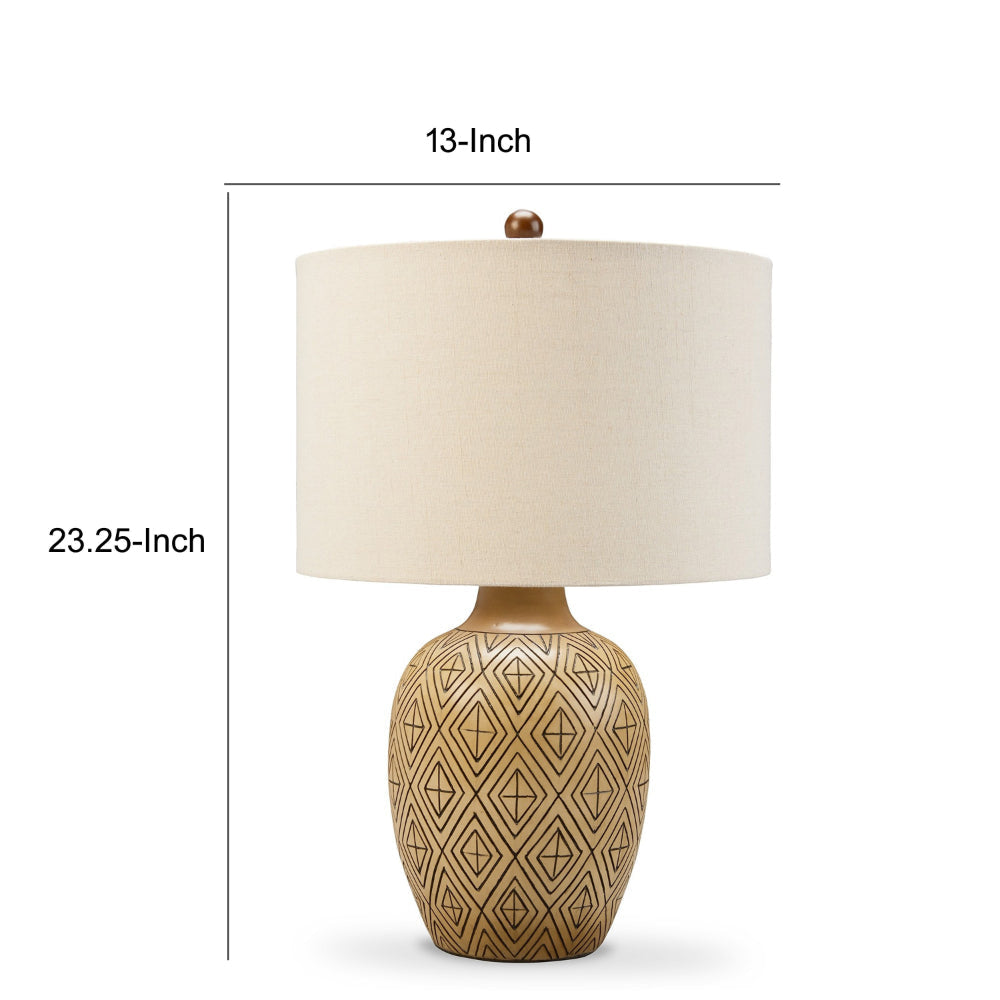 Gee 23 Inch Table Lamp Set of 2 Ivory Drum Shade Tan Geometric Pot Base By Casagear Home BM318395