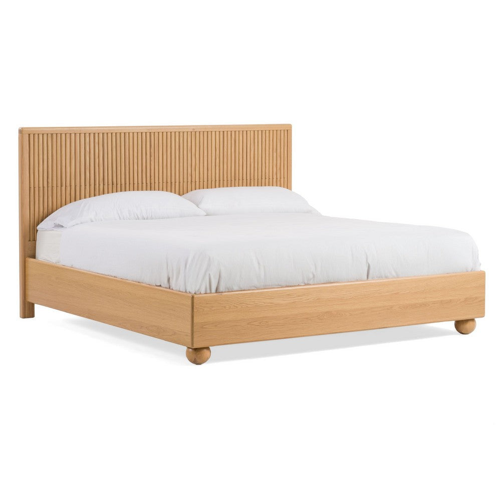 Cid Joya King Bed, Panel Headboard, Rounded Natural Brown Solid Oak Wood By Casagear Home