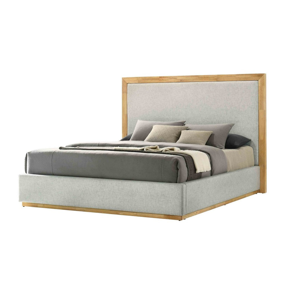 Noe Malia King Size Bed, Gray Polyester Upholstery, Natural Wood Frame By Casagear Home