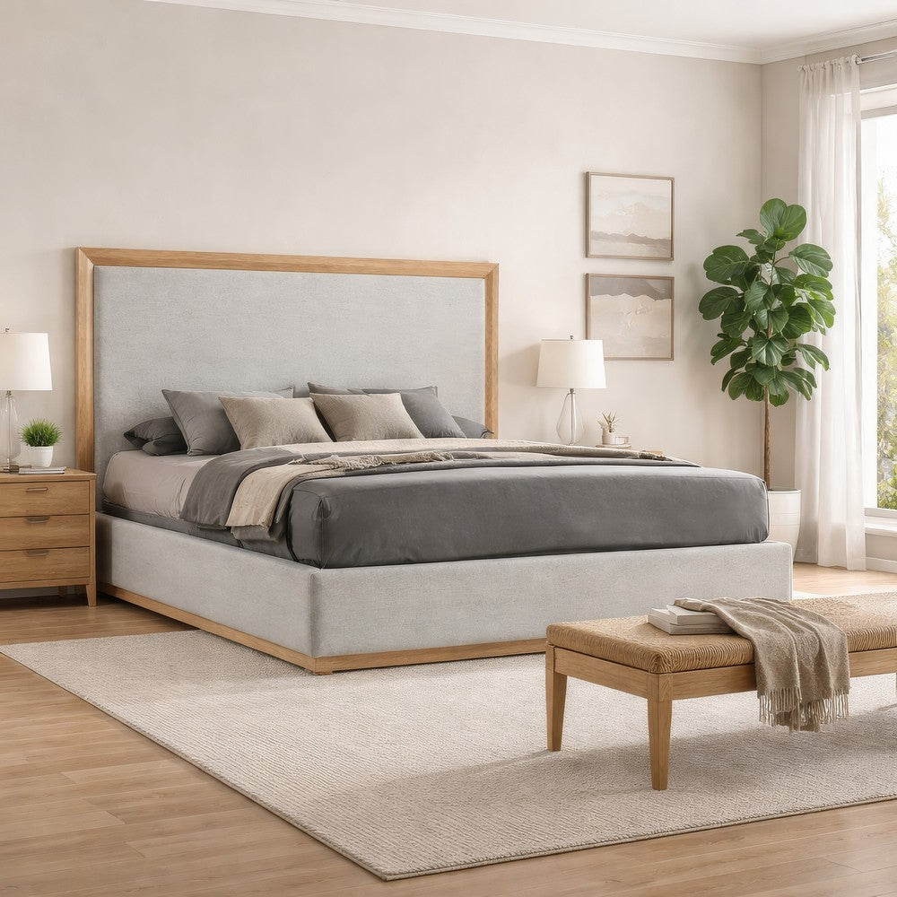 Noe Malia King Size Bed, Gray Polyester Upholstery, Natural Wood Frame By Casagear Home