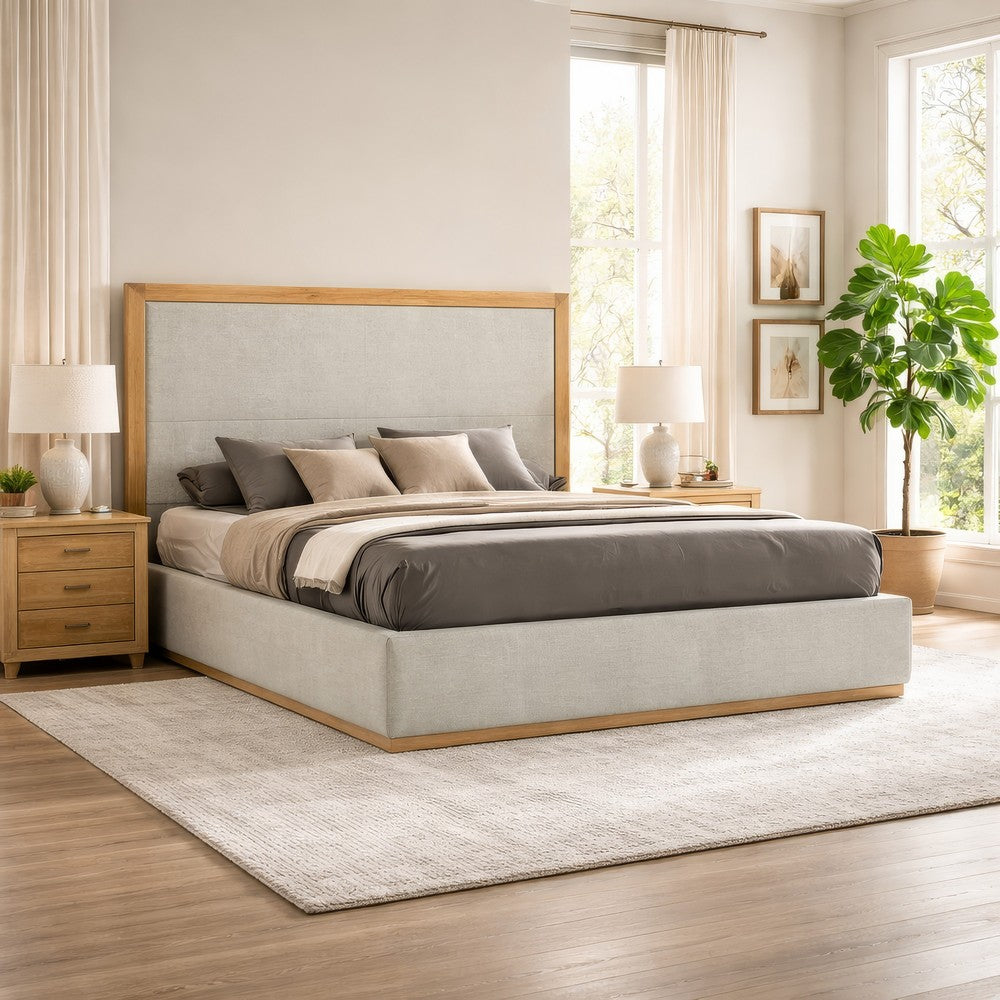 Noe Malia King Size Bed, Gray Polyester Upholstery, Natural Wood Frame By Casagear Home