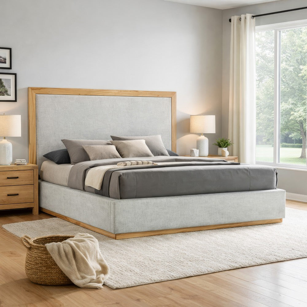 Noe Malia King Size Bed, Gray Polyester Upholstery, Natural Wood Frame By Casagear Home