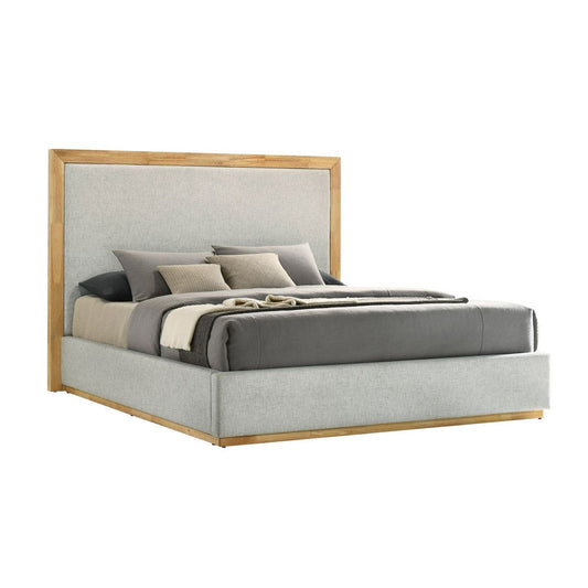 Noe Malia King Size Bed, Gray Polyester Upholstery, Natural Wood Frame By Casagear Home