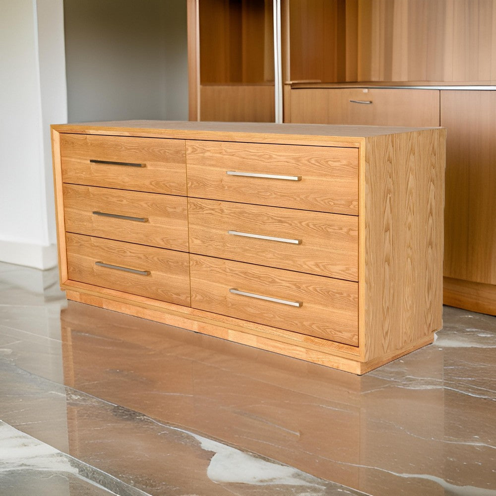 Noe Malia 68 Inch Dresser 6 Drawers Nickel Handles Natural Solid Wood By Casagear Home BM318411