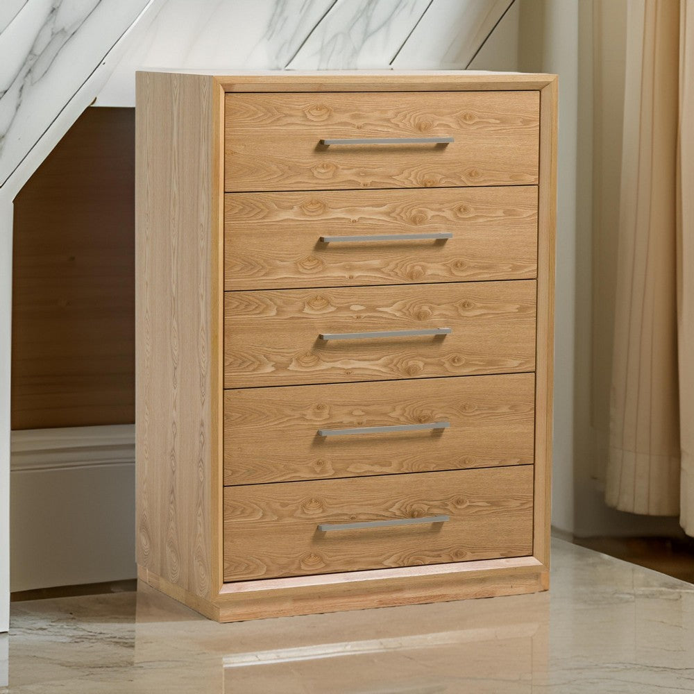 Noe Malia Tall Dresser Chest 5 Drawers Nickel Natural Brown Solid Wood By Casagear Home BM318412