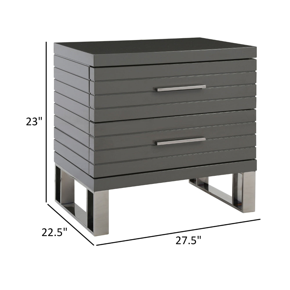28 Inch Nightstand, 2 Drawers with Metal Handles, Slatted Design, Gray By Casagear Home