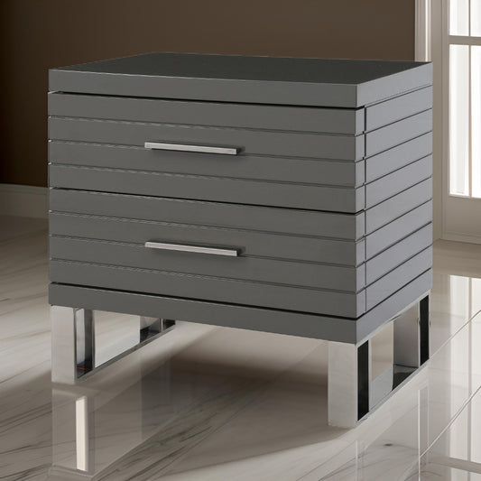 28 Inch Nightstand, 2 Drawers with Metal Handles, Slatted Design, Gray By Casagear Home