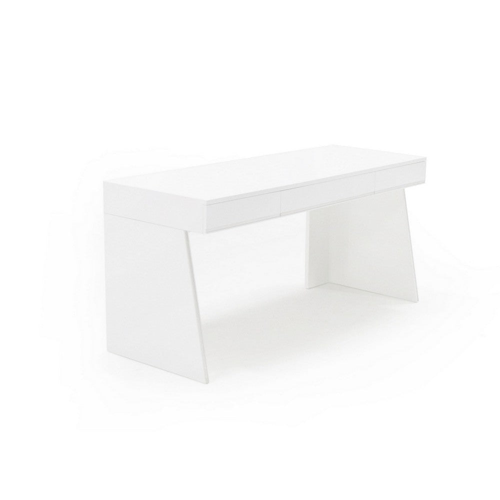 63 Inch Office Desk, 3 Drawers, Modern Glossy White with Steel Metal Frame By Casagear Home