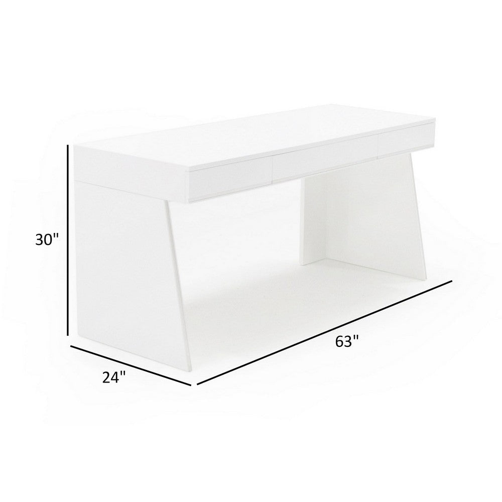 63 Inch Office Desk 3 Drawers Modern Glossy White with Steel Metal Frame By Casagear Home BM318452