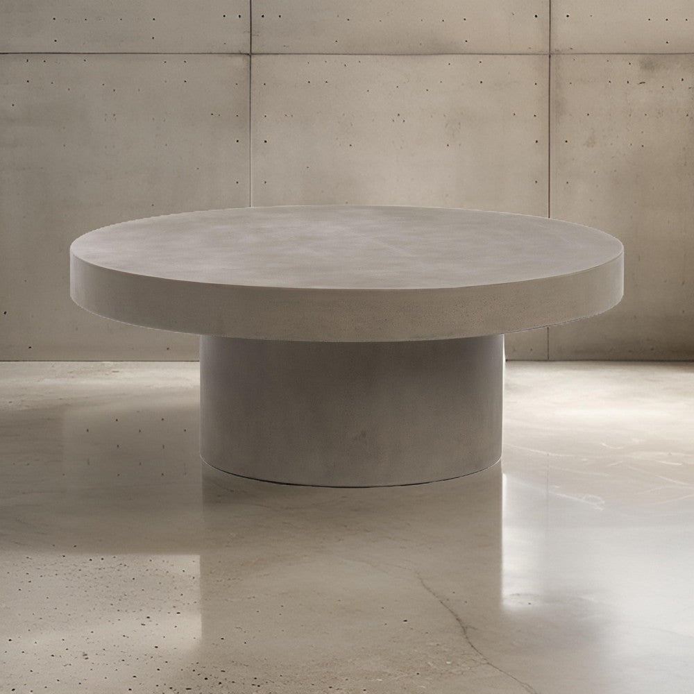 36 Inch Coffee Table Concrete Round Top Thick Pillar Padestal Base Gray By Casagear Home BM318455