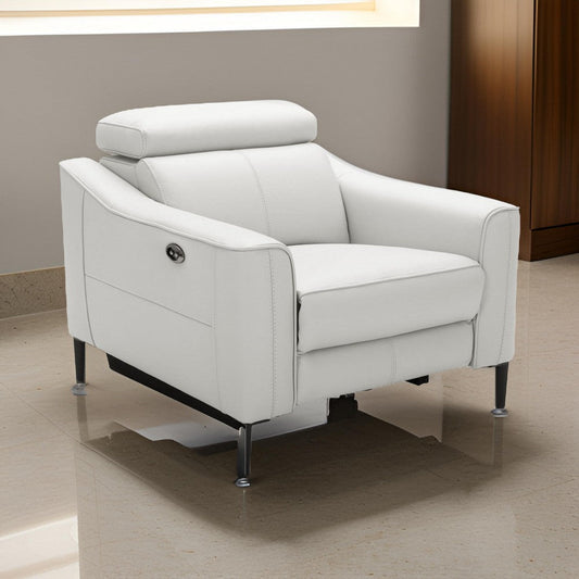 Reno Lin 37 Inch Power Recliner Chair, White Genuine Leather, Metal Legs By Casagear Home