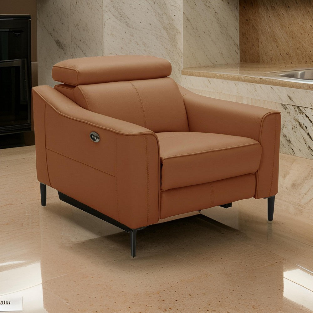 Reno Lin 37 Inch Power Recliner Chair, Brown Genuine Leather, Metal Legs By Casagear Home