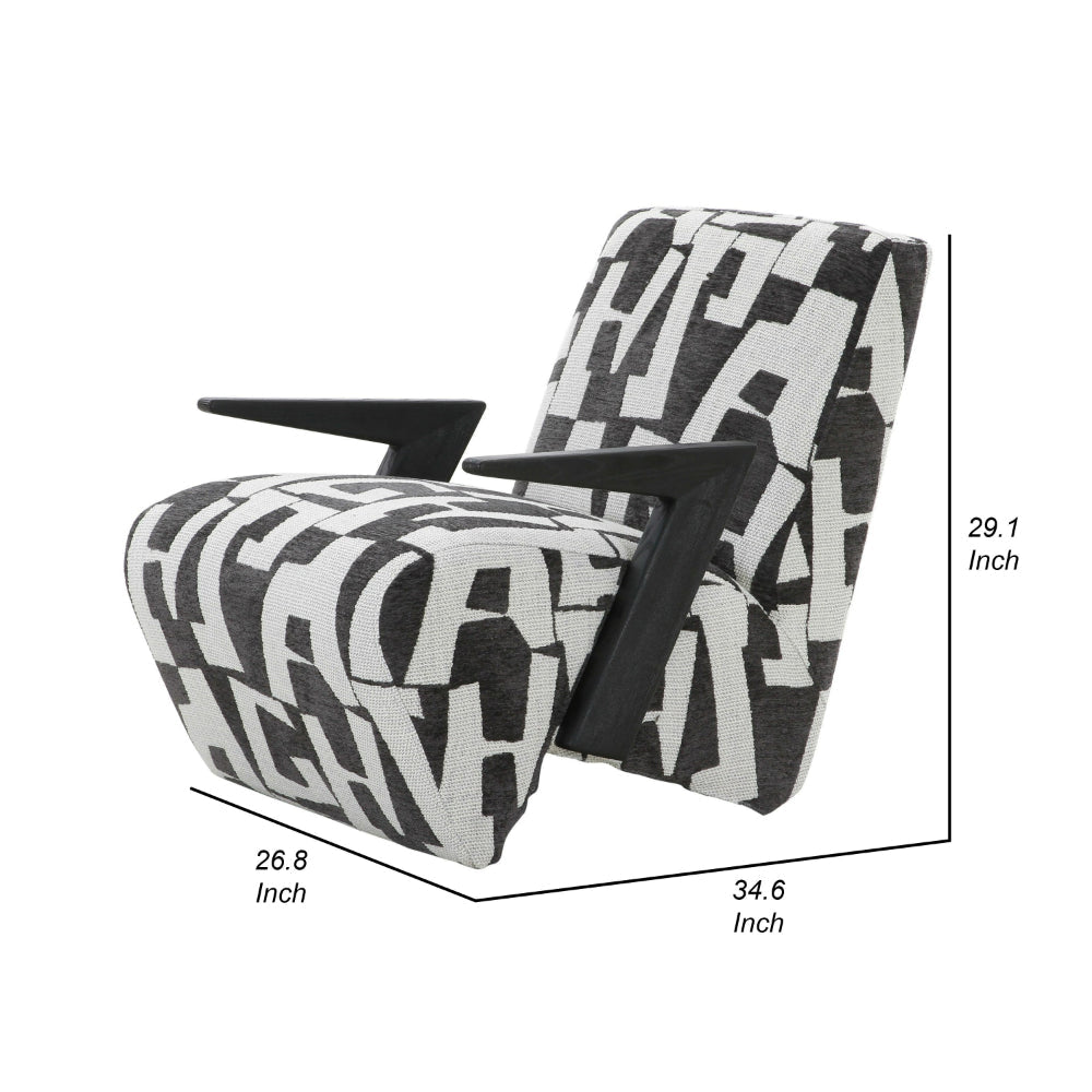 27 Inch Accent Chair, Polyester Black and White Geometric Pattern Print By Casagear Home