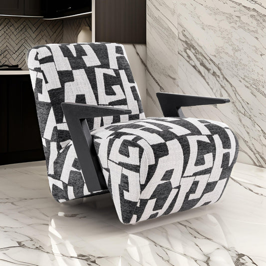 27 Inch Accent Chair, Polyester Black and White Geometric Pattern Print By Casagear Home