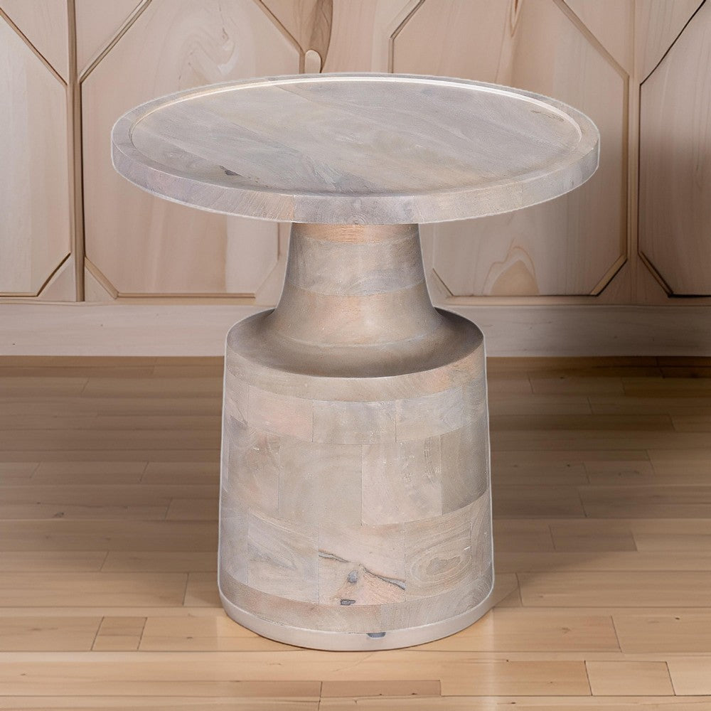 Side End Table, 18 Inch Round Top, Pedestal Base, Oak White Mango Wood By Casagear Home
