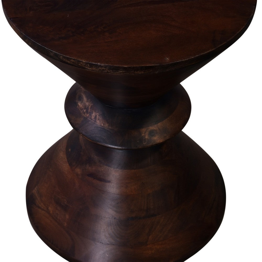 Side End Table 18 Inch Round Top Hourglass Shape Dark Brown Mango Wood By Casagear Home BM318494