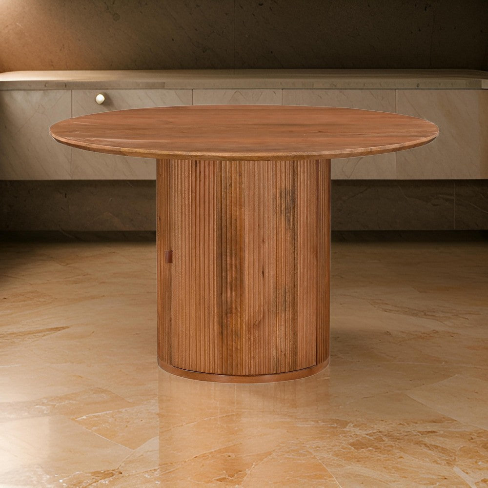 Dining Table 47 Inch Round Fluted Drum Base Storage Natural Mango Wood By Casagear Home BM318509