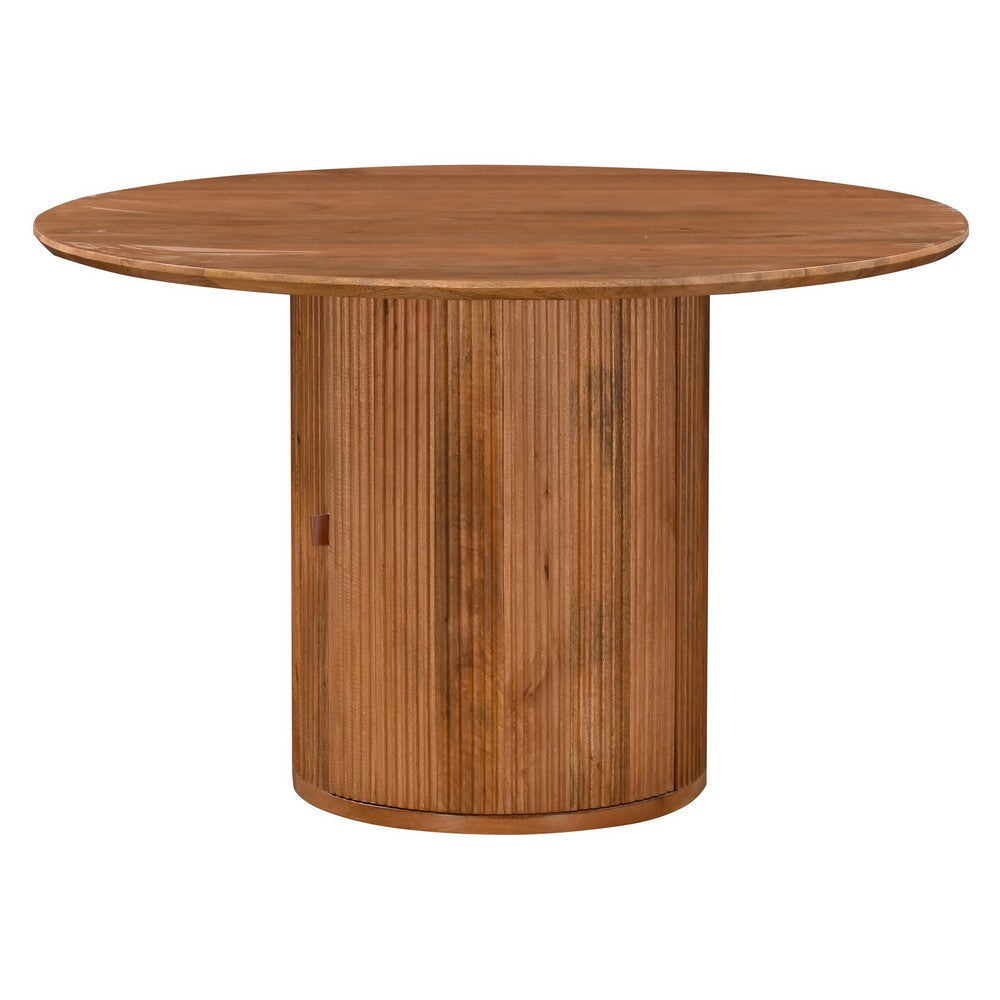 Dining Table, 47 Inch Round, Fluted Drum Base Storage, Natural Mango Wood By Casagear Home