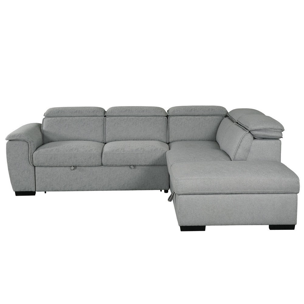 3 Piece Sectional Sofa With Storage Ottoman Pull Out Bed Gray Linen By Casagear Home BM318515