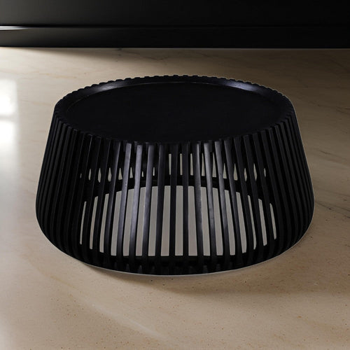 Coffee Table, 31 Inch Round Top, Slatted Drum Shape, Black Mango Wood By Casagear Home