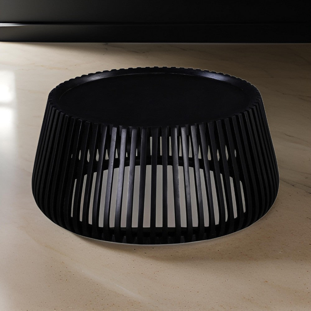 Coffee Table, 31 Inch Round Top, Slatted Drum Shape, Black Mango Wood By Casagear Home