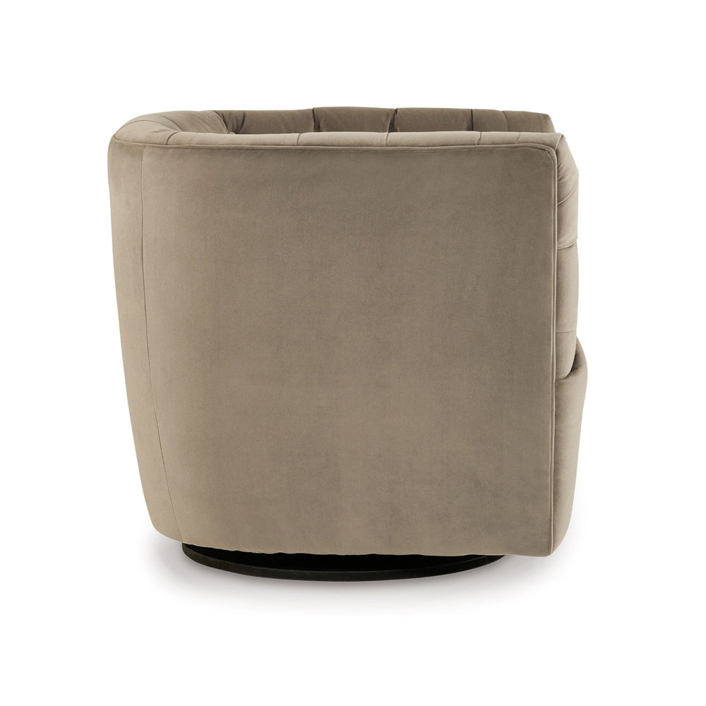Heena Swivel Accent Chair, Brown Polyester, Tufted Barrel Back, Black Metal By Casagear Home
