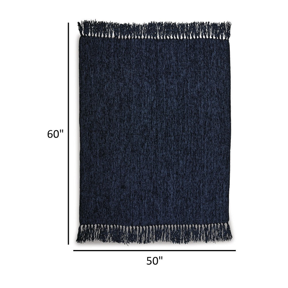 Emily Throw Blanket Set of 3 Textured Woven Knotted Fringe Dark Blue By Casagear Home BM318575