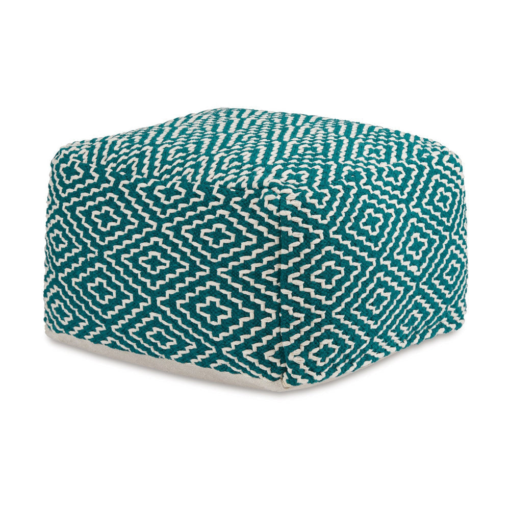 Ashley Sena 24" Ottoman Pouf, Handwoven Pattern, Zipper, Teal Ivory