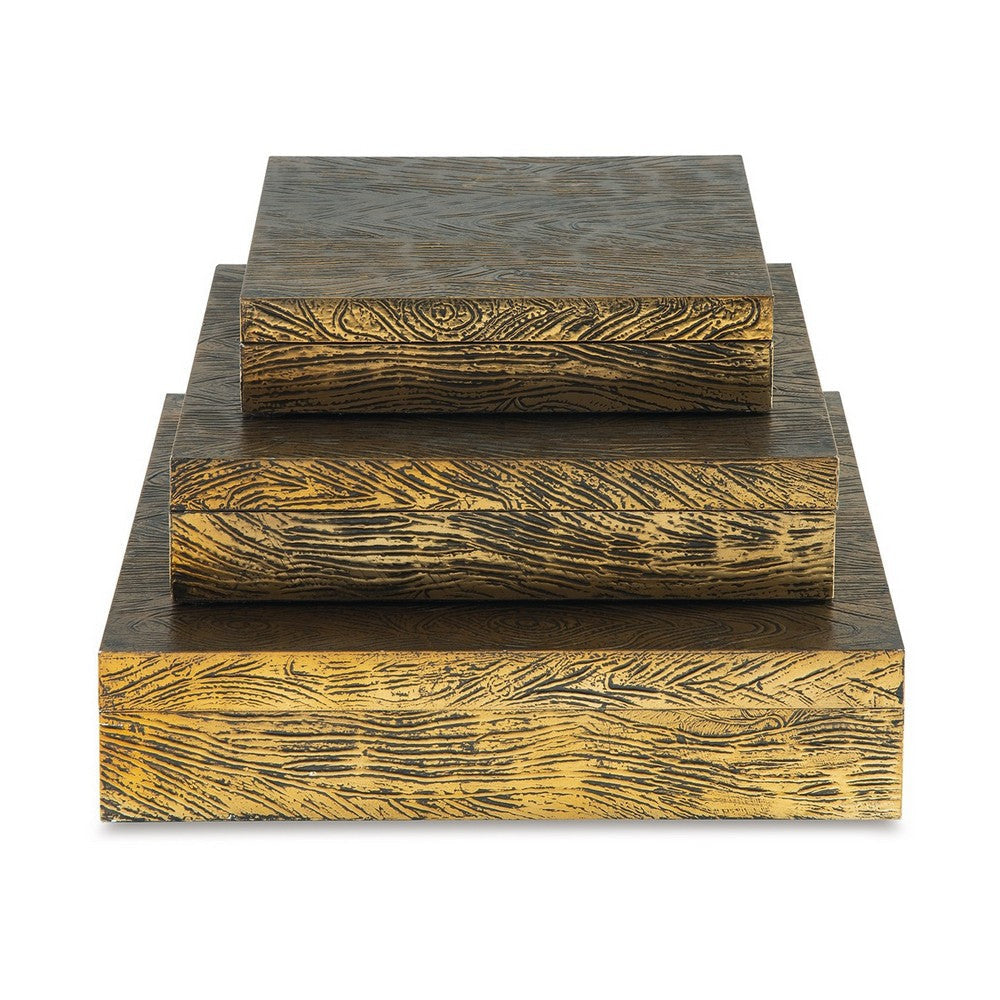 Lida Decorative Storage Box Set of 3 Wood and Brass Tone Metal Finish By Casagear Home BM318598