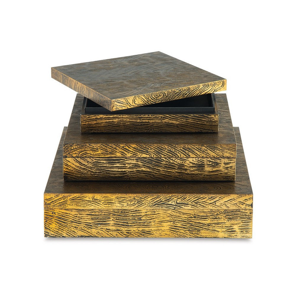 Lida Decorative Storage Box Set of 3 Wood and Brass Tone Metal Finish By Casagear Home BM318598