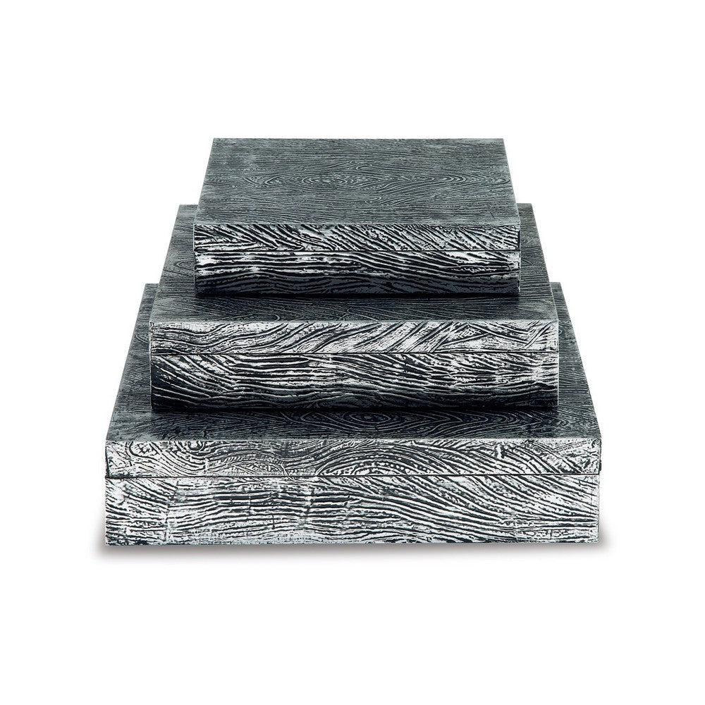 Lida Decorative Storage Box Set of 3 Wood and Pewter Gray Metal Finish By Casagear Home BM318599