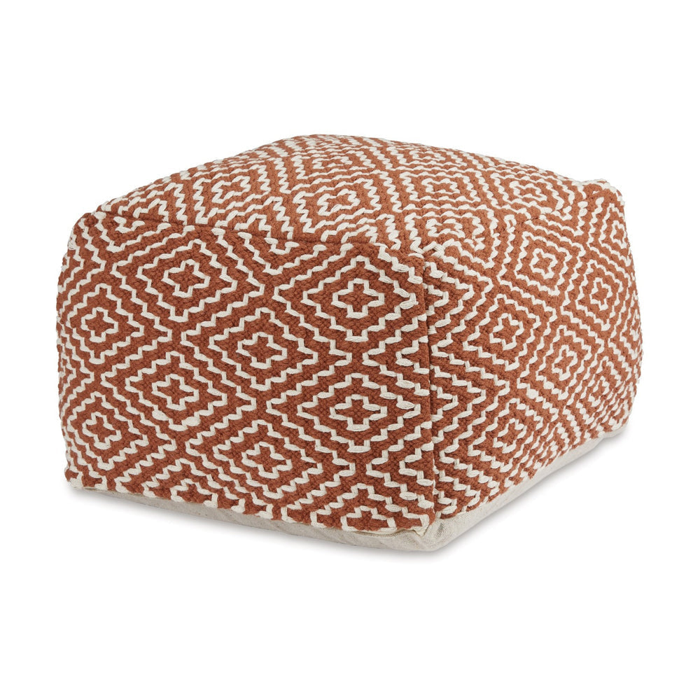 Sena 22 Inch Ottoman Pouf Handwoven Pattern Zipper Cotton Cover Red White By Casagear Home BM318611