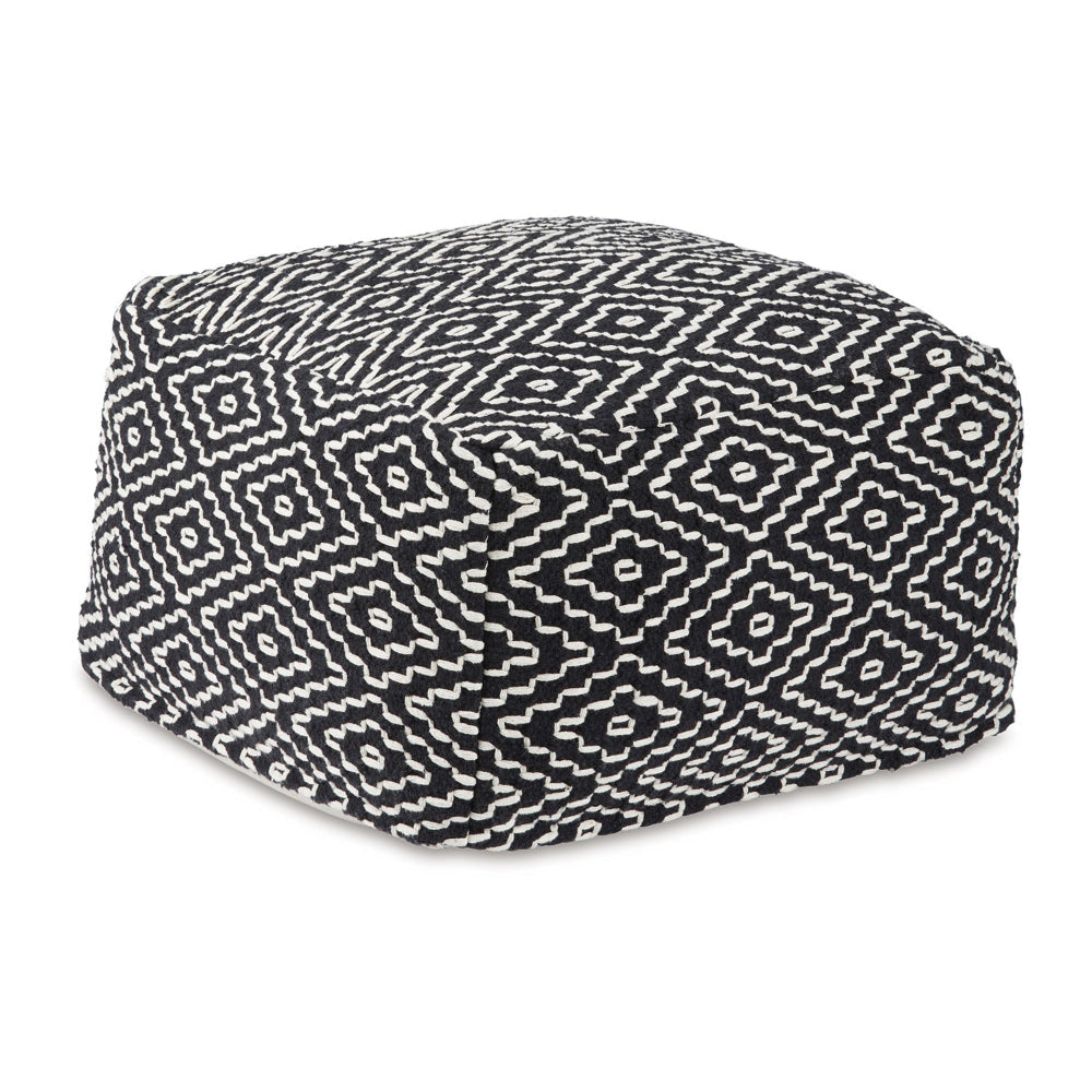 Sena 22 Inch Ottoman Pouf, Handwoven Pattern, Cotton Cover, Black White By Casagear Home