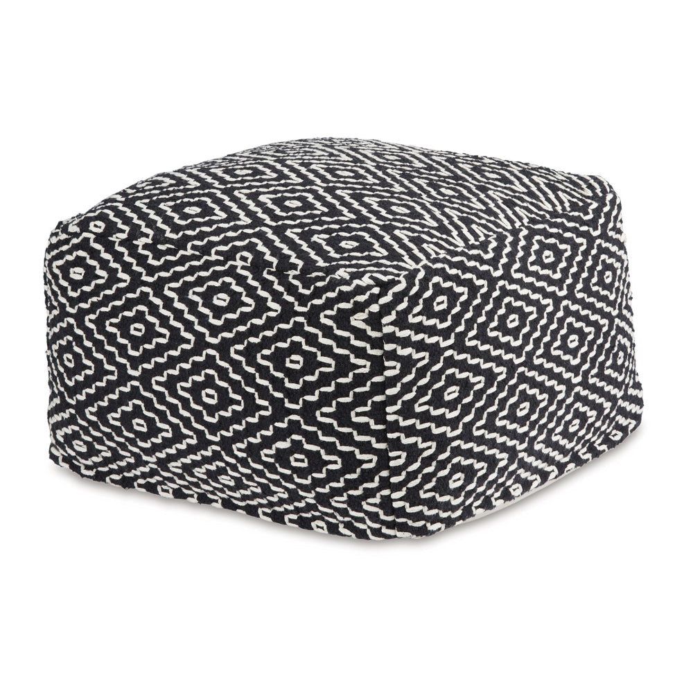 Sena 22 Inch Ottoman Pouf, Handwoven Pattern, Cotton Cover, Black White By Casagear Home